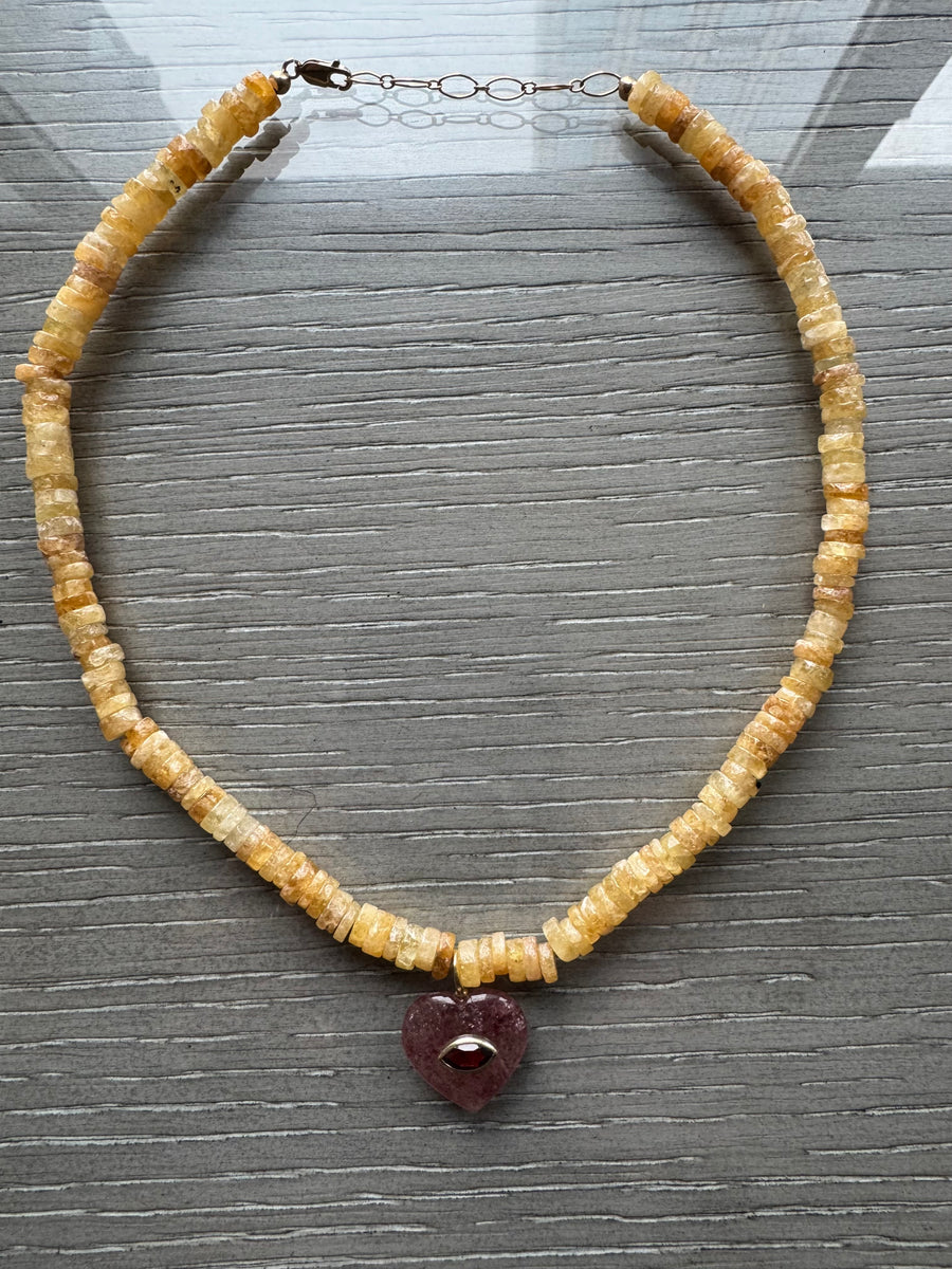 One-of-a-Kind Yellow Strawberry Quartz Heart Eye Pendant Necklace