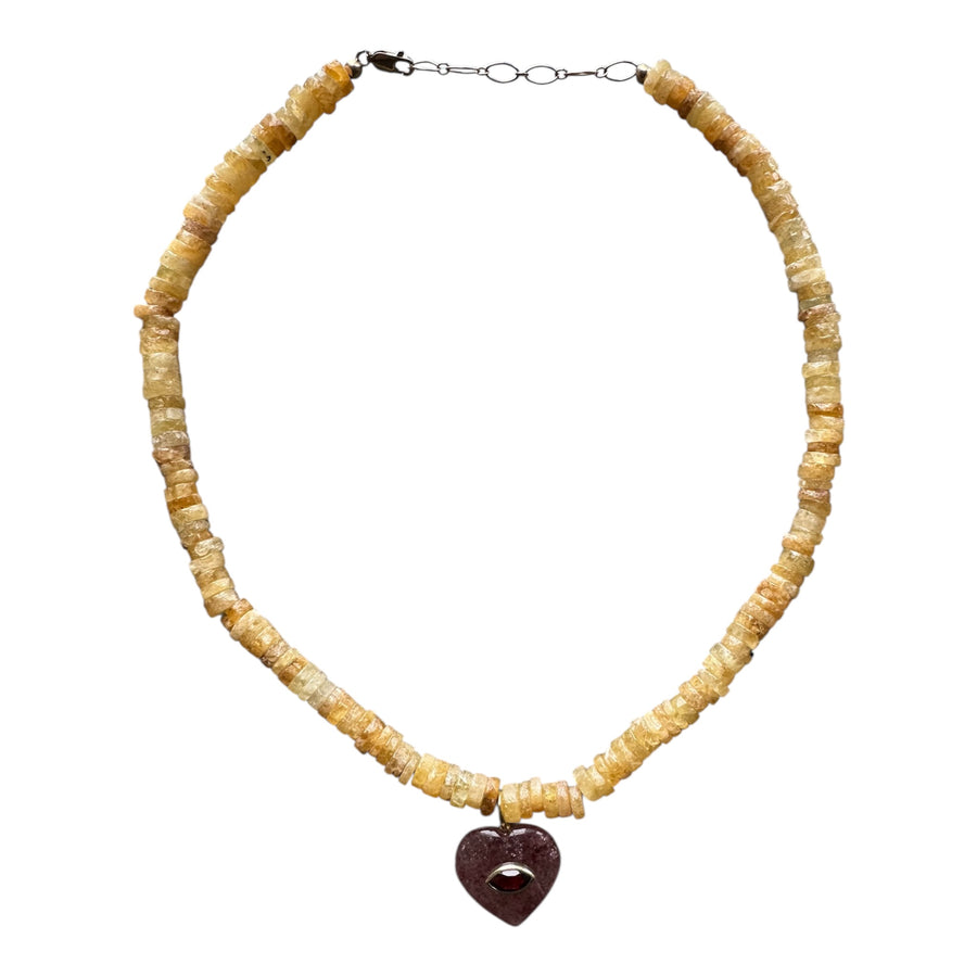 One-of-a-Kind Yellow Strawberry Quartz Heart Eye Pendant Necklace